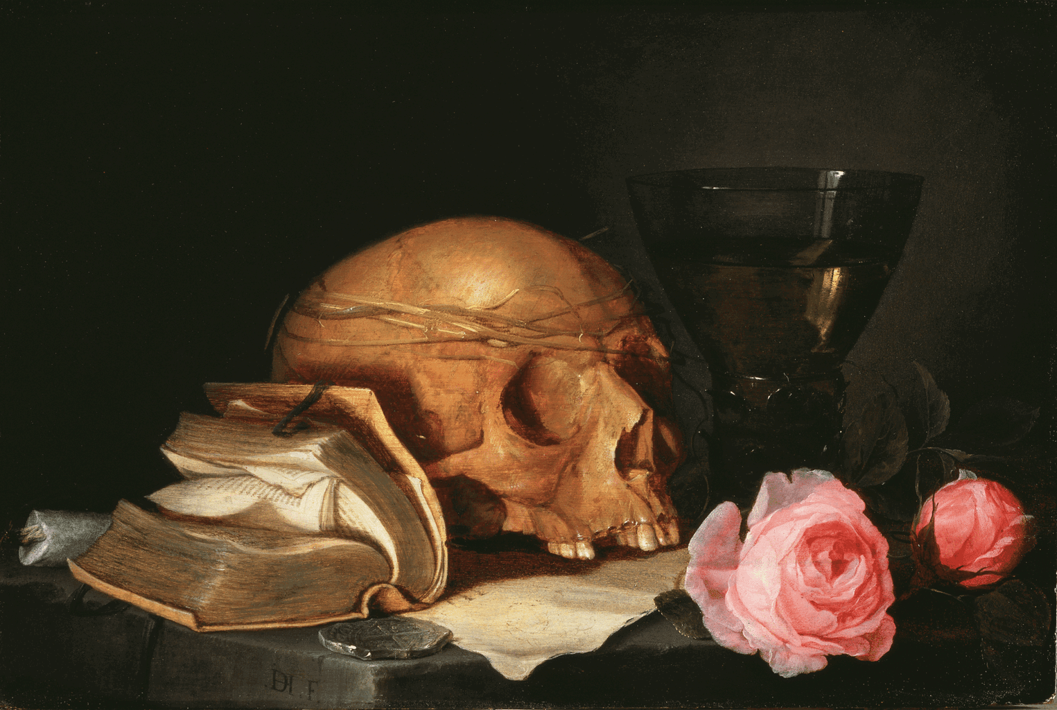 Jan Davidsz. de Heem, A Vanitas Still-Life with a Skull, a Book and Roses, Nationalmuseum