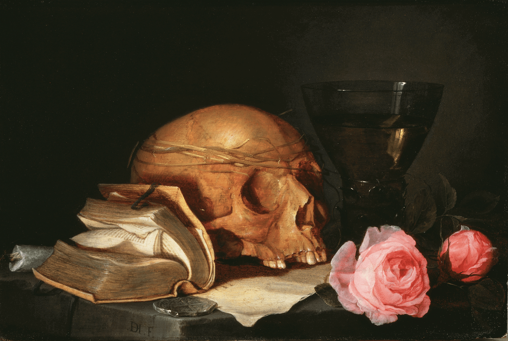 Jan Davidsz. de Heem, A Vanitas Still-Life with a Skull, a Book and Roses, Nationalmuseum